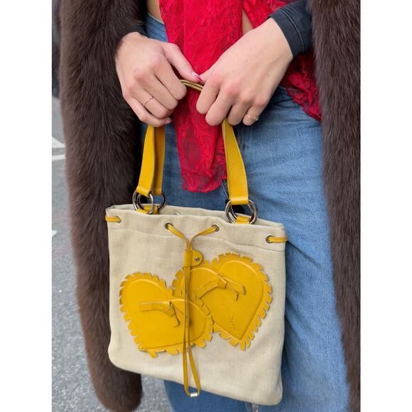 YSL / Yves Saint Laurent Yellow Heart Embellished Mini / Small Shoulder Tote Bag - Picture 2 of 12
